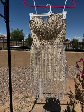 Beaded Fringe Embellished Champagne Wedding Reception Party Dress